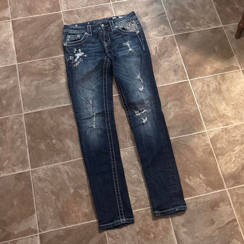 Vtg Y2K Miss Me dark wash skinny jeans with distressing and rhinestones, size 26